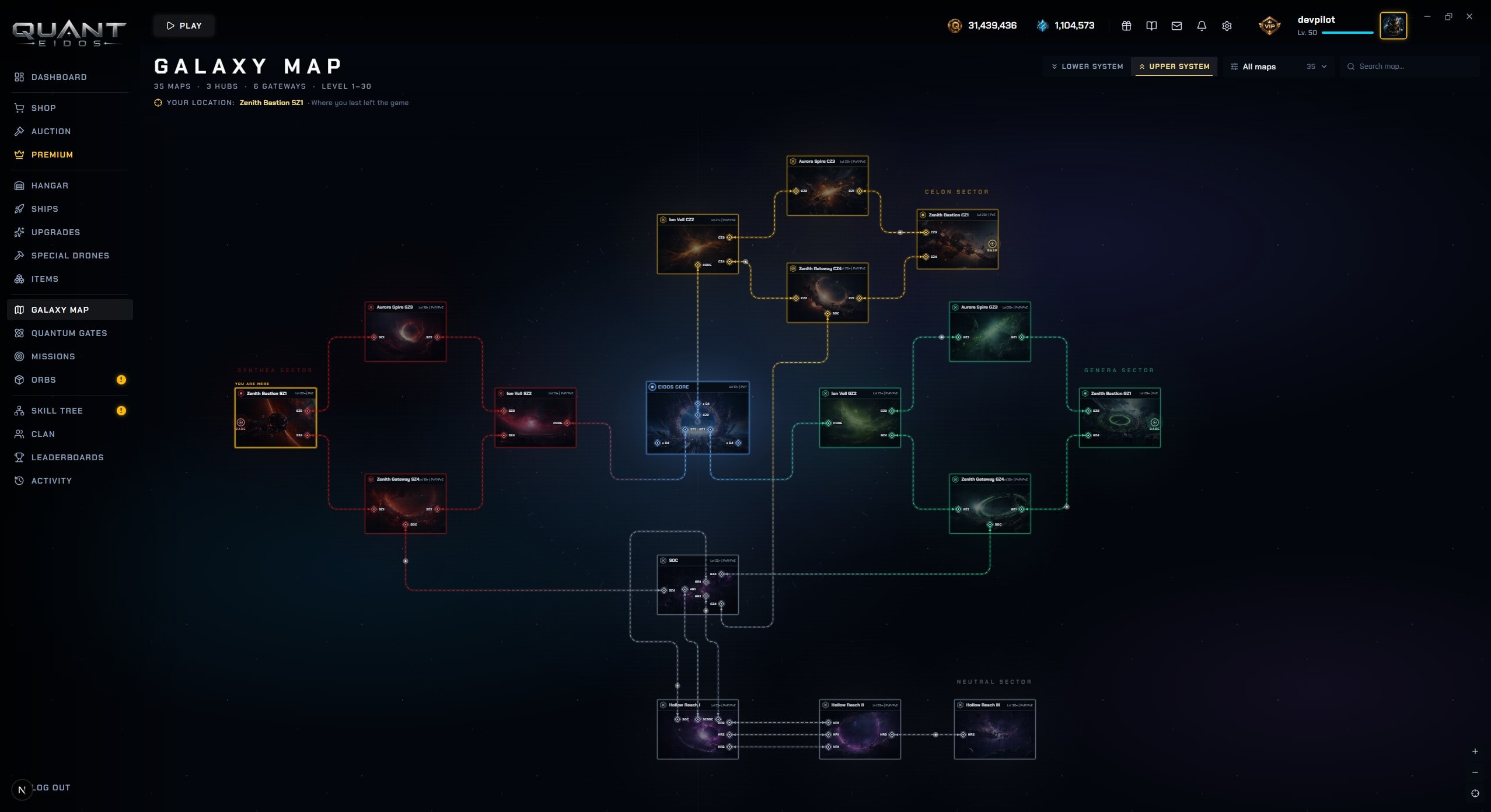 Launcher screenshot: the galaxy map with the coloured sectors of three factions around EIDOS Core and the neutral Hollow Reach below